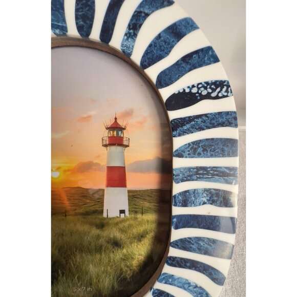 NWT Handcrafted Bone & Resin Blue White Photo Frame Stripe 5 x 7 Vertical Oval - Picture 10 of 10